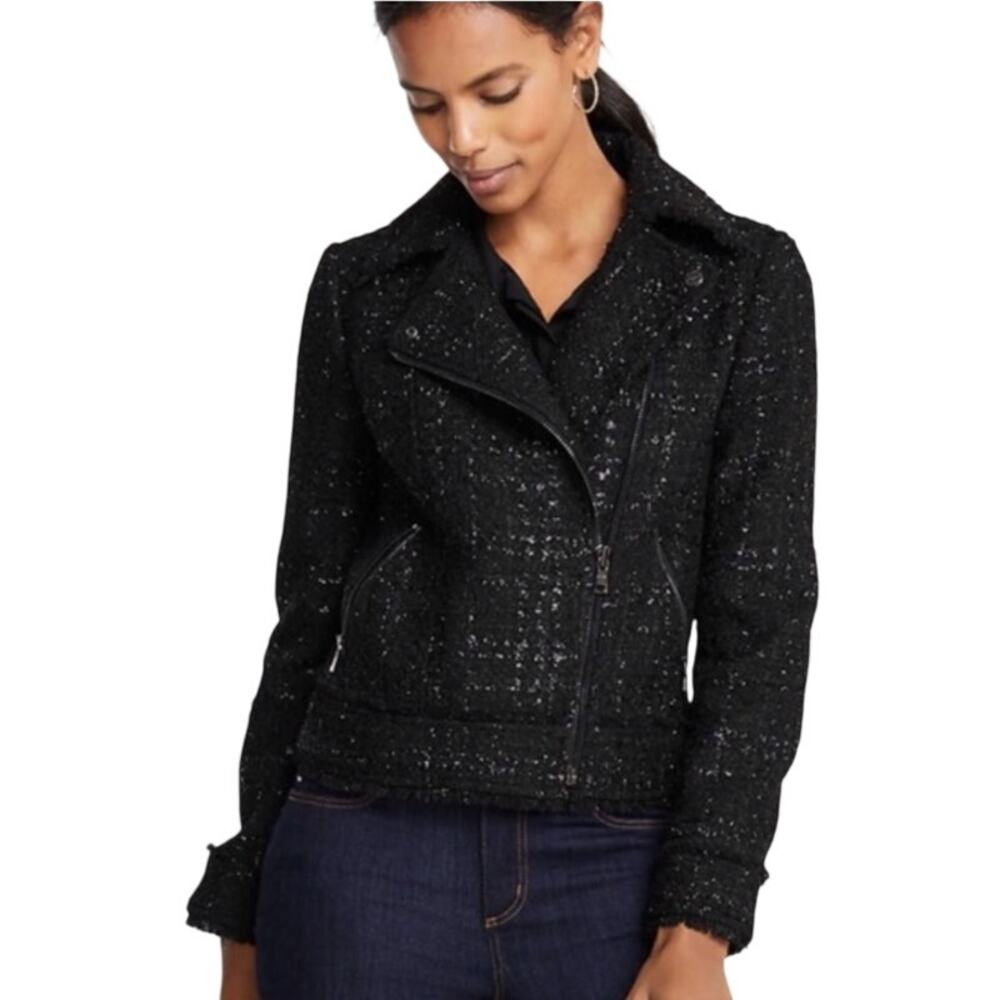 Ann Taylor Peplum Moto Jacket Zip Up Boucle Tweed Fringed Blazer Metallic Black